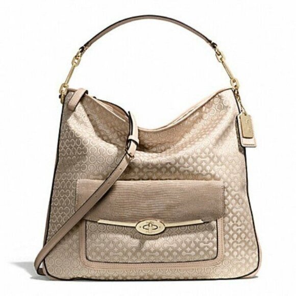 COACH Madison Op Art Fabric & Snakeskin Leather Turn Lock Flap Hobo Crossbody - Picture 1 of 16
